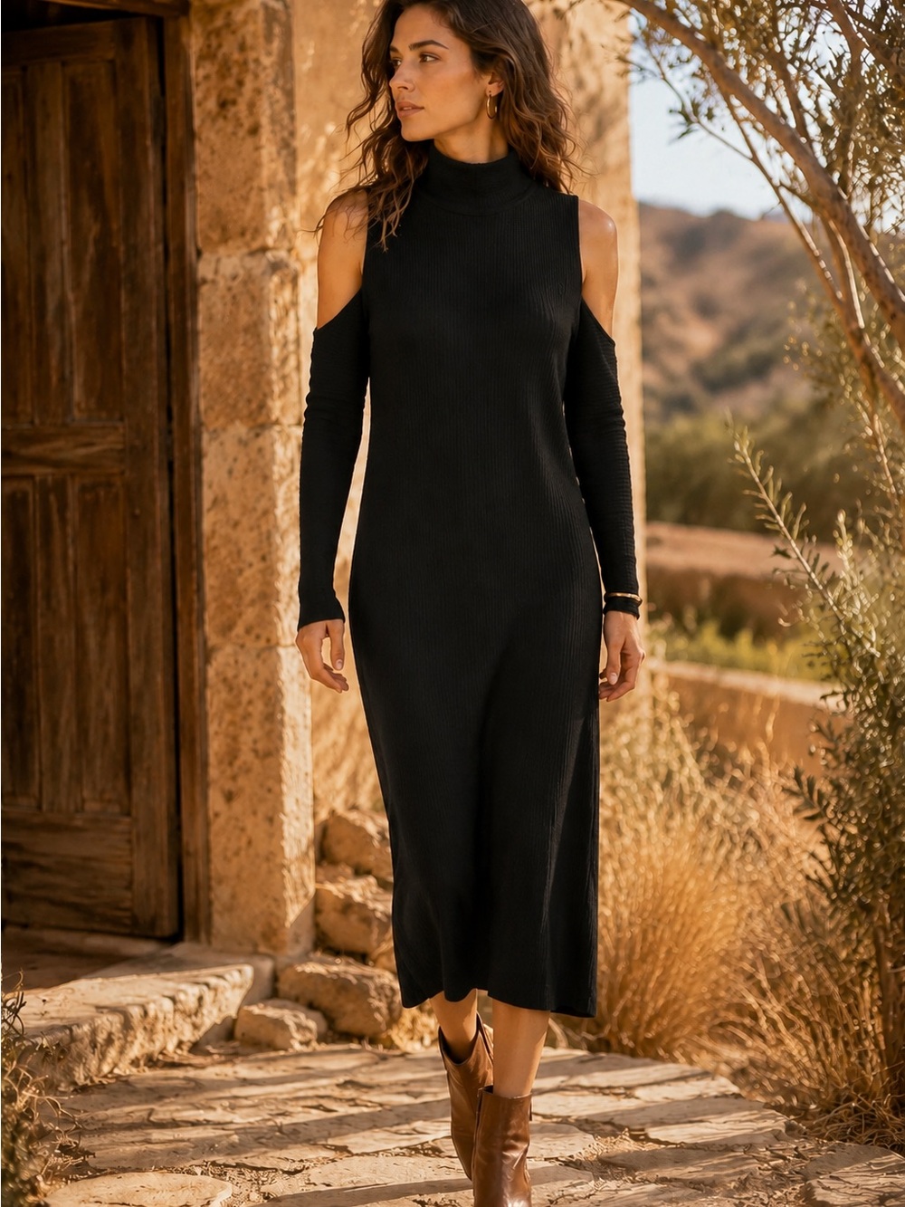 SEN Cold-Shoulder Midi Dress | S | Black